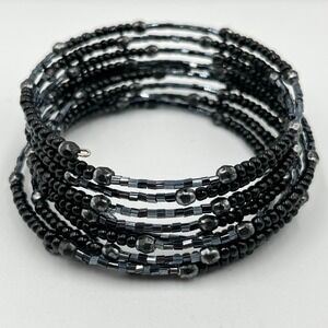 VTG Boho Black Beaded Multi-Layer Coil Wrap Bracelet Gunmetal Tone Memory Wire